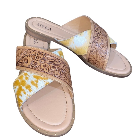 Myra Bag Cowhide Tooled Leather Sandals - Picture 1 of 2